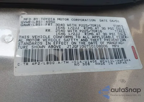 2001 Lexus Rx 300 z USA, uszkodzony, nr VIN JTJGF10U710108006